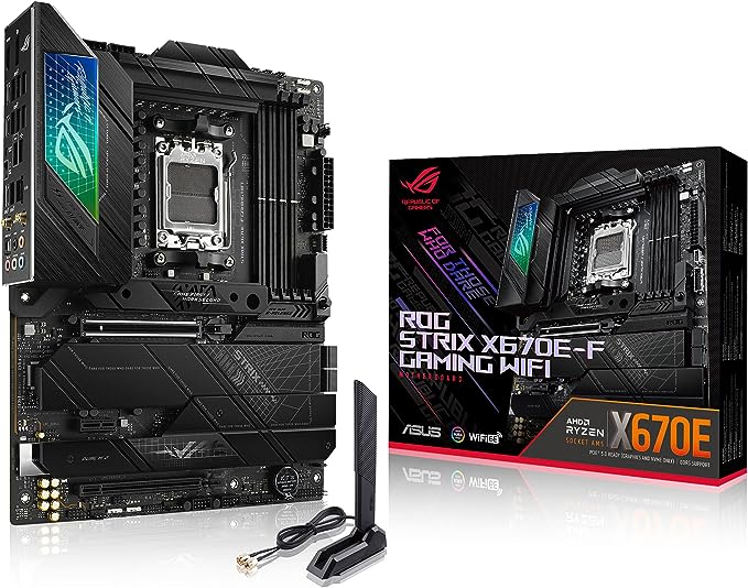 ASUS ROG Strix X670E-F Gaming WIFI6E Socket AM5 (LGA 1718) Ryzen 7000 Gaming Motherboard(PCIe 5.0, DDR5,16 + 2 Power Stages,Four M.2 Slots with heatsinks,USB 3.2 Gen 2x2,AI Cooling II, and Aura Sync) ASUS ROG Strix X670E-F Gaming WIFI6E Socket AM5 (LGA 1718) Ryzen 7000 Gaming Motherboard(PCIe 5.0, DDR5,16 + 2 Power Stages,Four M.2 Slots with heatsinks,USB 3.2 Gen 2x2,AI Cooling II, and Aura Sync)